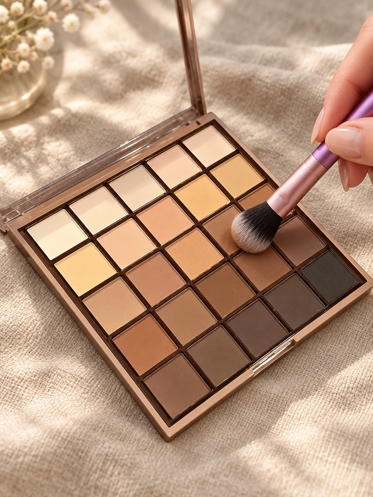 A soft brush dipping into a warm brown shade of the eyeshadow palette