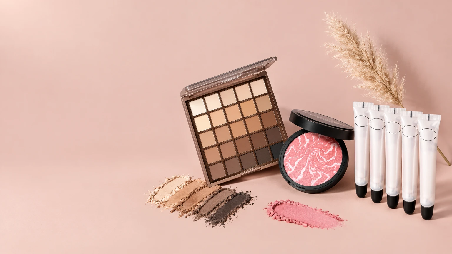 Earth tone eyeshadow palette, blush and contour palette and glossy lip oils on dusty rose