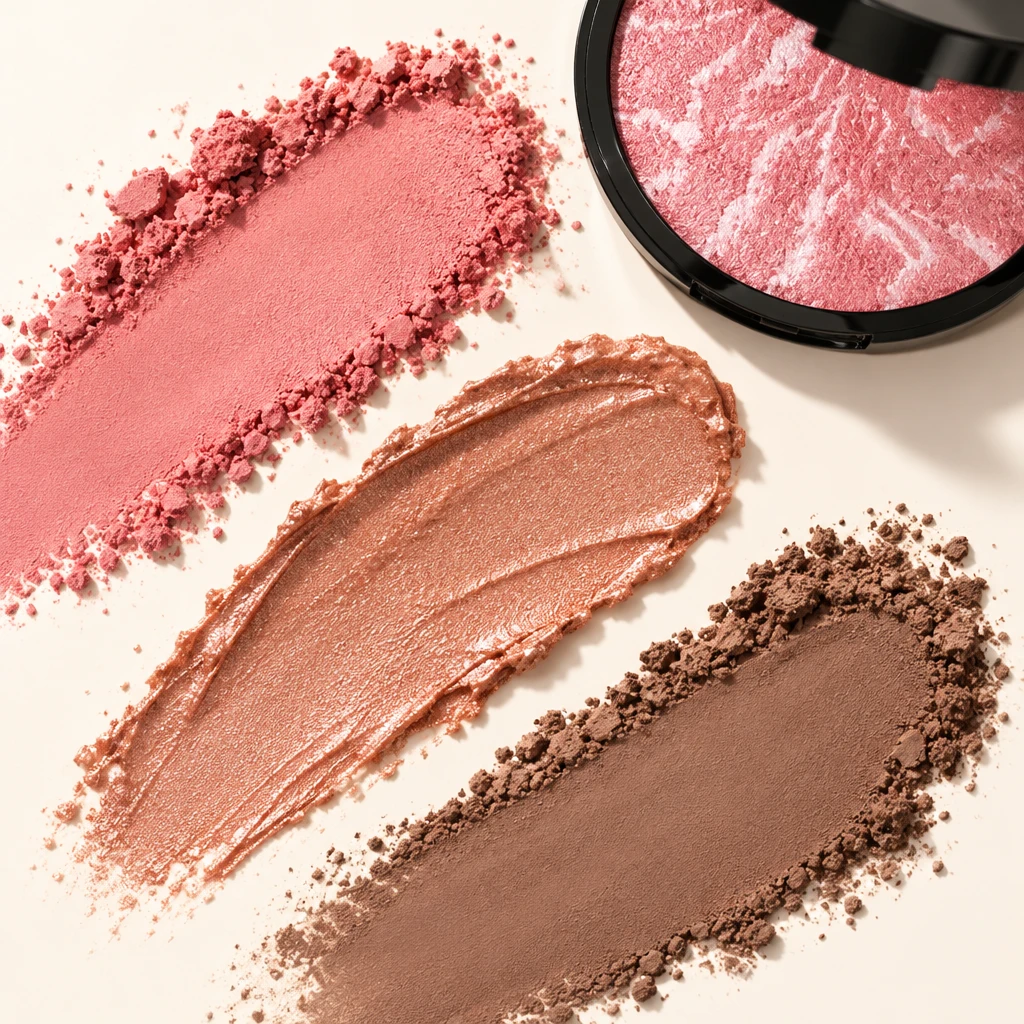 Blush, bronze and contour swatches on a warm surface